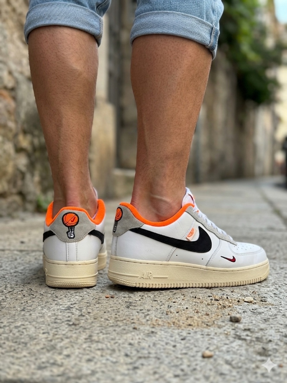 Nike Air Force 1 Low White with Black Swoosh & Orange Liner Sz 6Y
